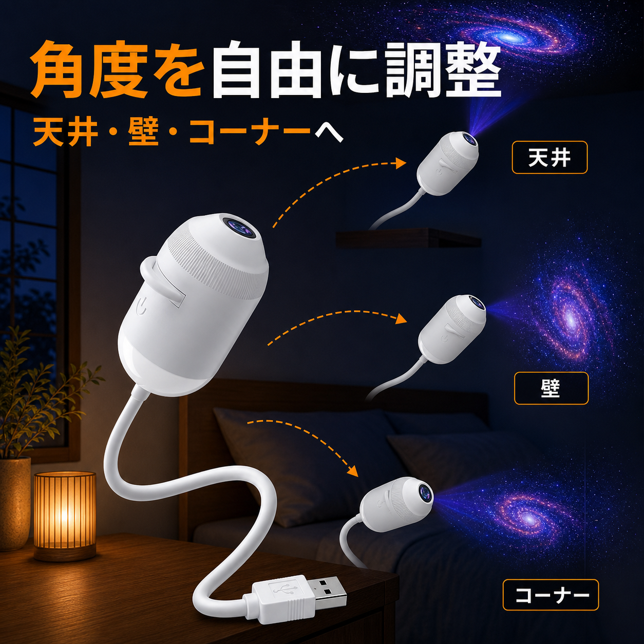 YOILUME 360°星空プロジェクターライト｜USB給電・ 寝室用天井壁投影ランプ