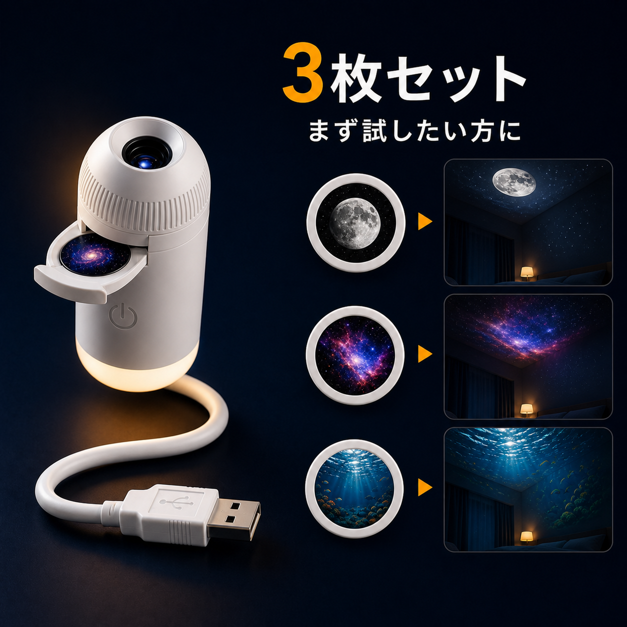 YOILUME 360°星空プロジェクターライト｜USB給電・ 寝室用天井壁投影ランプ